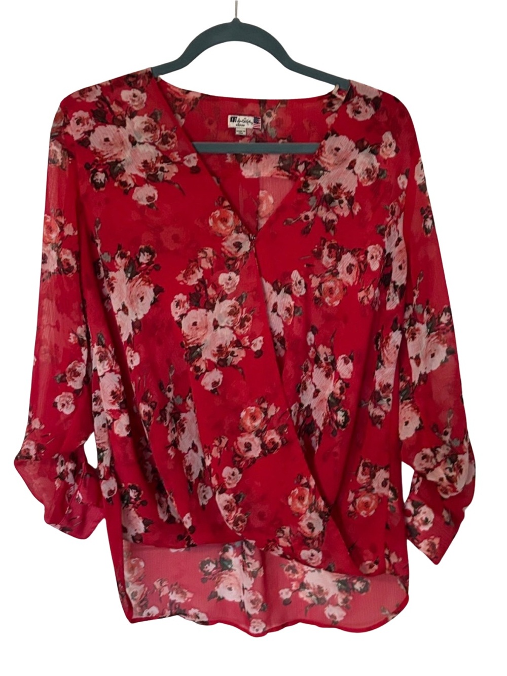 258. Kut from the Kloth Floral Red Wrap Blouse - Medium, Oversized Fit